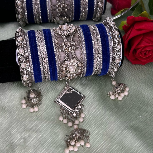 Beautiful Silver and Blue Bangles with Pearl Accents - Picture 3 of 8